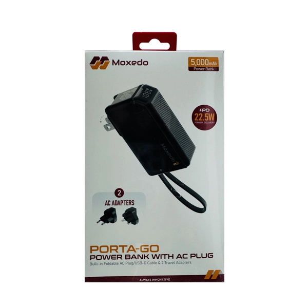 Moxedo Porta-Go 5,000 mAh 22.5W Power Bank with Built-in Foldable Interchangeable AC Plug, USB-C Cable and Included 2 Travel Adapters ,  - Hover